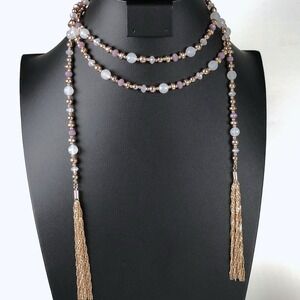 NY New York & Company Flapper Necklace Gold Tone Tassel Pink Glass Beaded Lariat